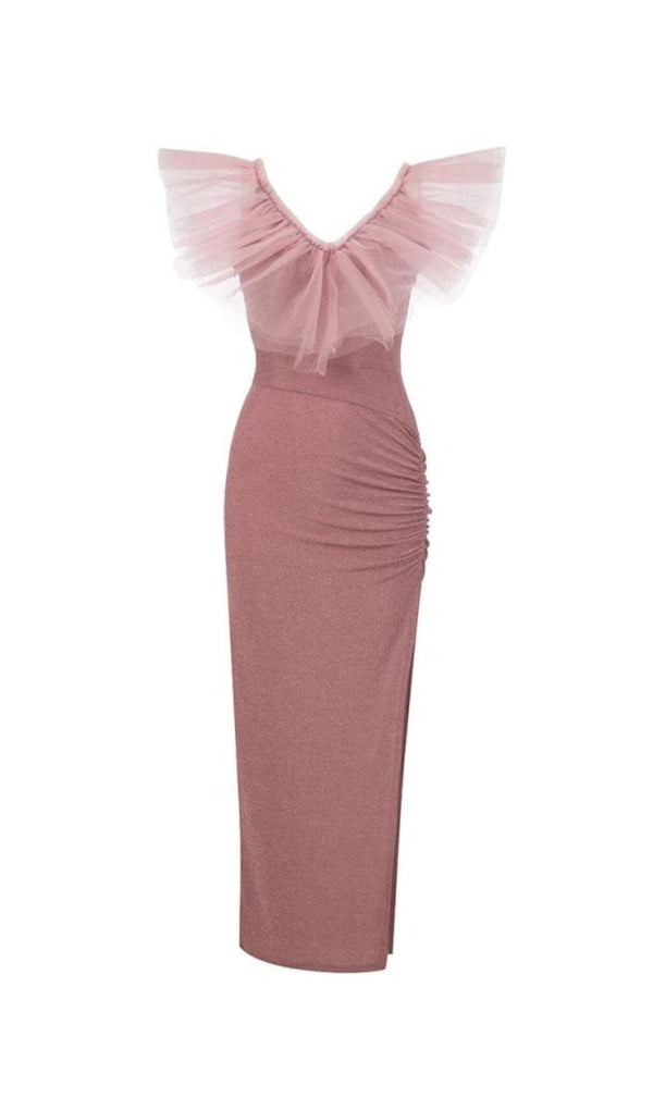 V-NECK LOTUS LEAF YARN EDGE SLIM SLIT DRESS IN PINK