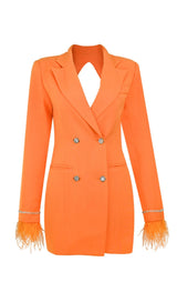 QUILLA ORANGE FEATHER CRYSTAL SLEEVE BACKLESS BLAZER DRESS