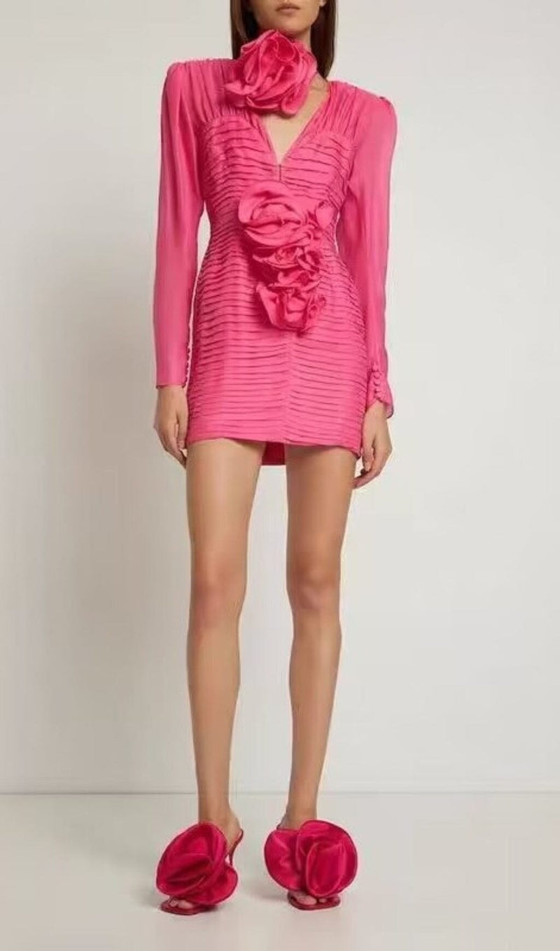 V NECK PINK RUCHED MINI DRESS