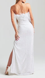 OSTRICH HAIR DECORATIVE BANDEAU MAXIC DRESS IN WHITE