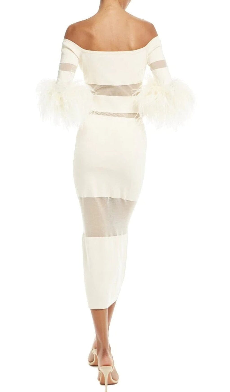 BANDAGE OFF-SHOULDER FEATHER MIDI DRESS IN WHITE