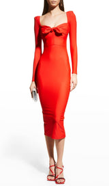 BANDAGE LONG SLEEVE MIDI DRESS IN RED