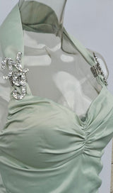 HANGING NECK PLEATED BANDEAU DRESS IN MINT GREEN