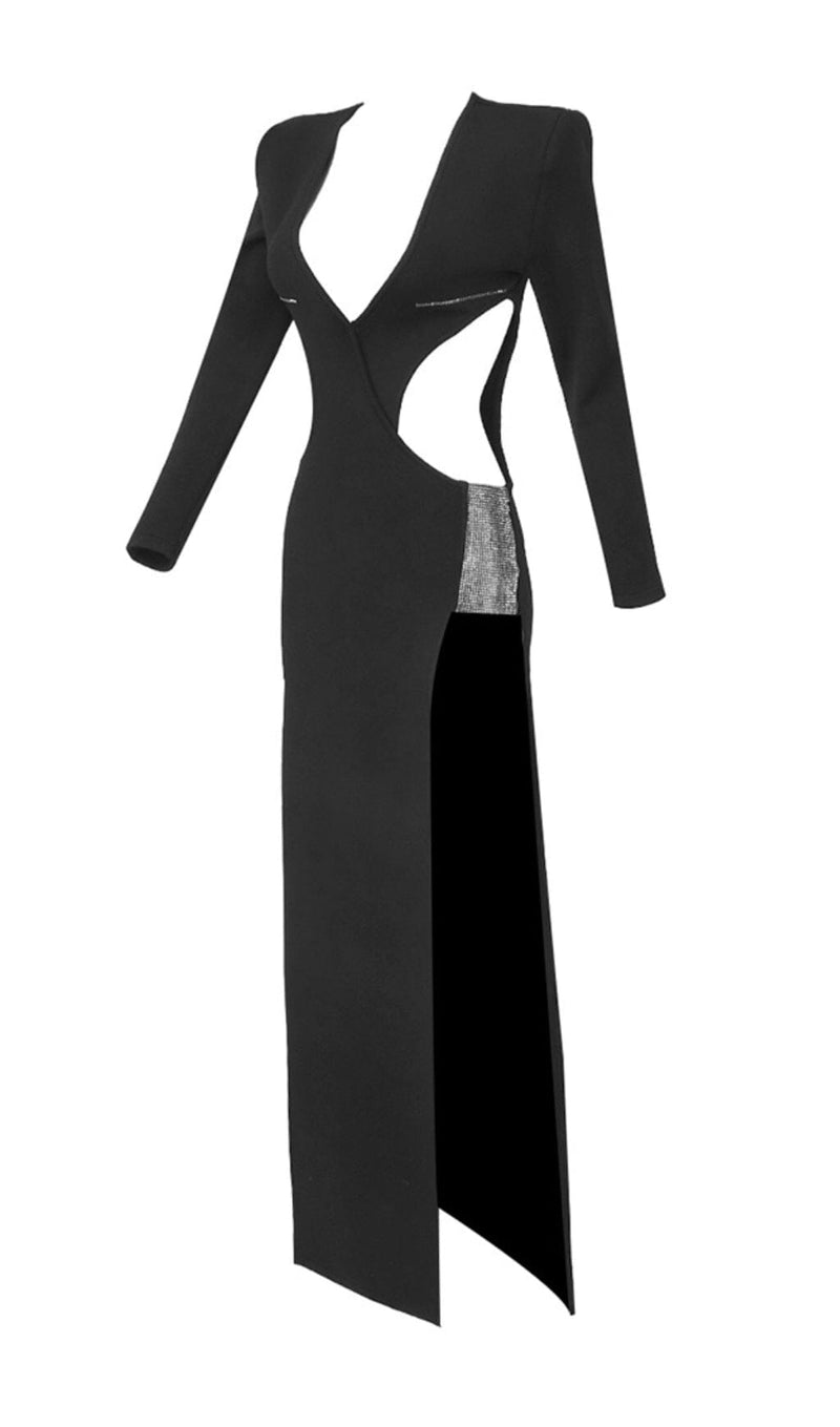 LONG SLEEVE CRYSTAL MAXI DRESS BLACK