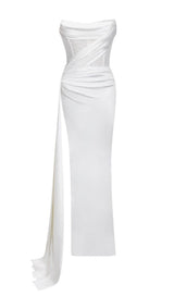 HOLLY WHITE CRYSTALLIZED CORSET HIGH SLIT SATIN GOWN