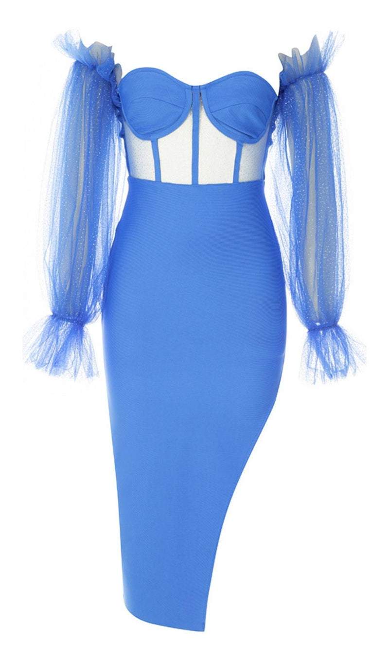 PUFF SLEEVE BODYCON MIDI DRESS IN BLUE