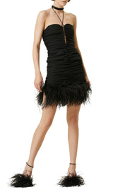 SEXY STRETCH OFF-SHOULDER FEATHER MINI DRESS IN BLACK