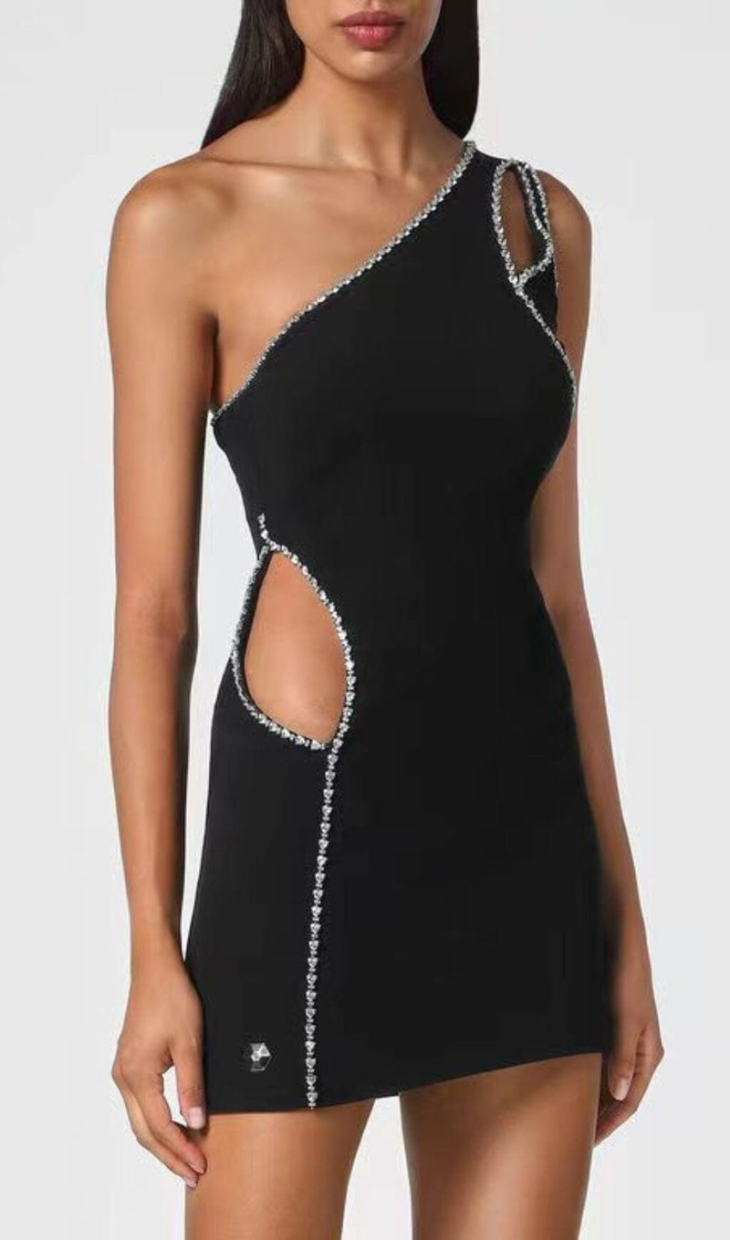 ONE SHOULDER DIAMOND MINI DRESS IN BLACK