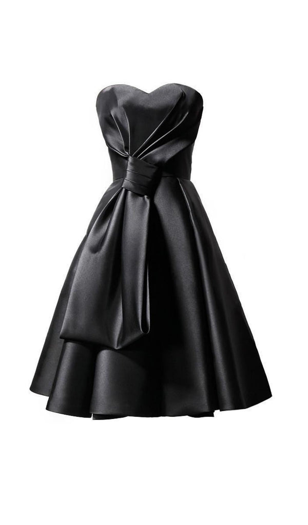 STRAPLESS SATIN MIDI DRESS IN BLACK