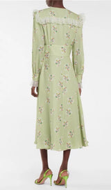 LIGHT GREEN V NECK FLORAL SILK MIDI DRESS