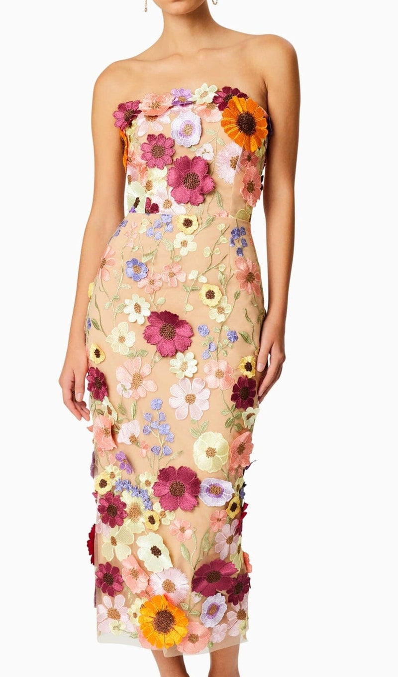 3D FLOWER STRAPLESS MIDI DRESS