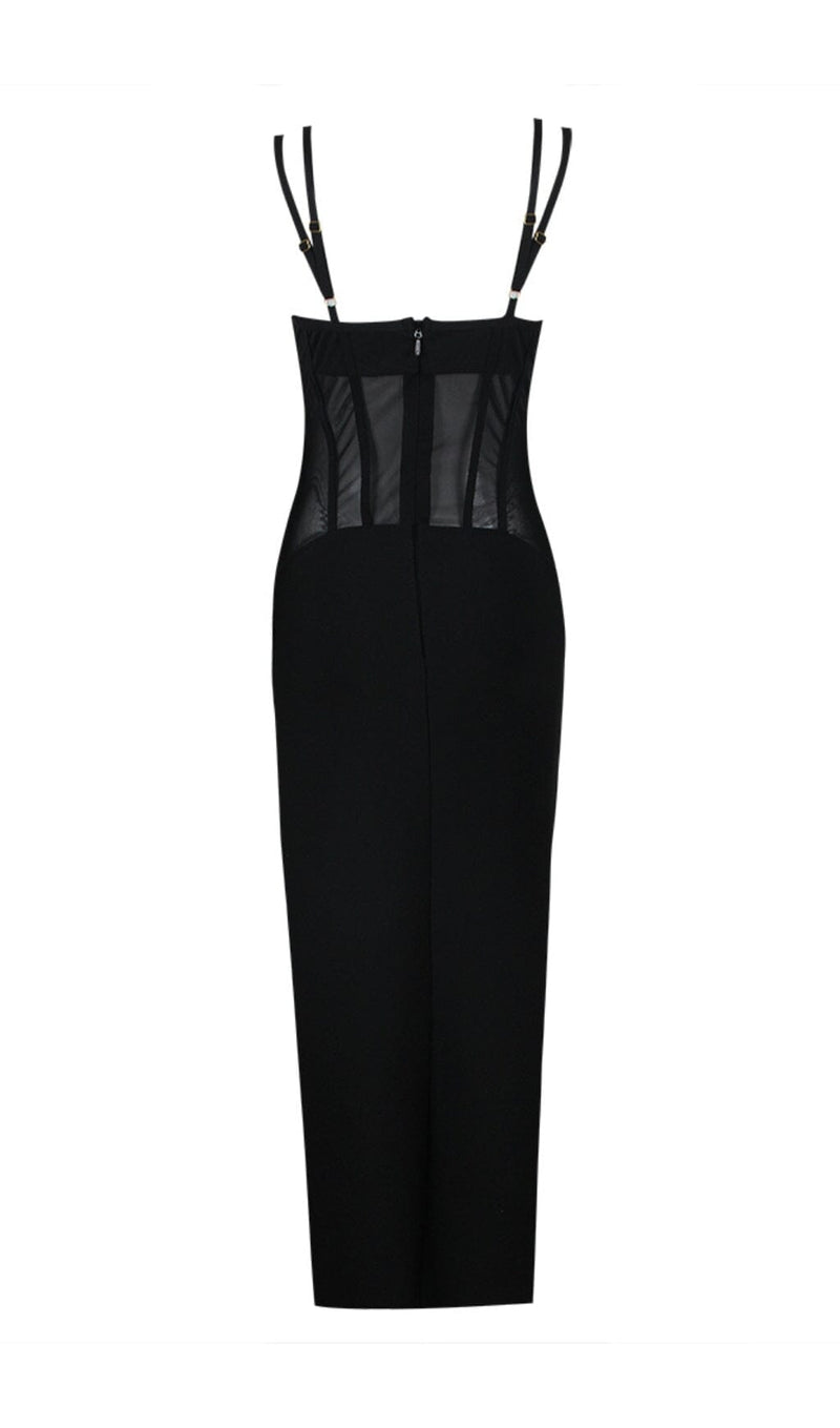 MESH CORSET SPLIT MAXI DRESS IN BLACK