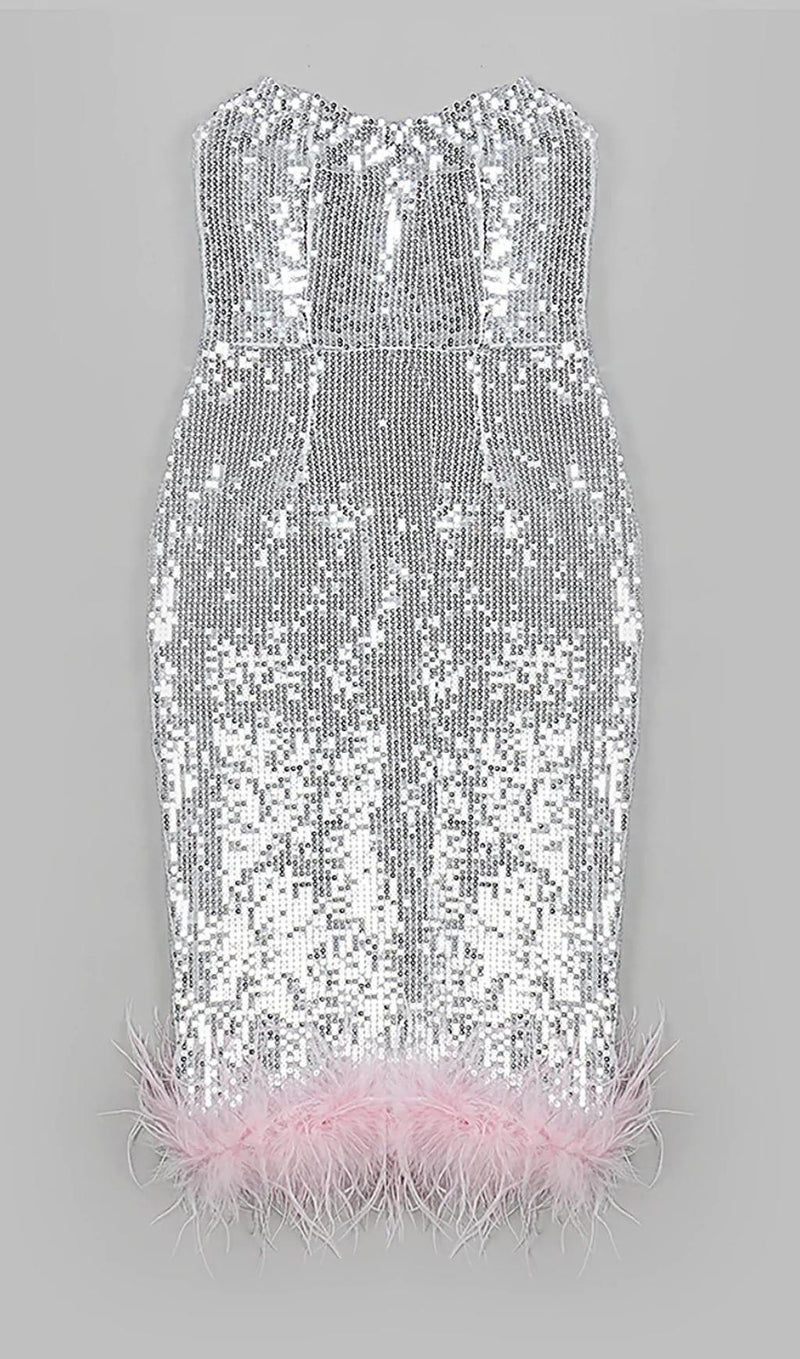 STRAPLESS SEQUIN FEATHER MIDI DRESS IN SILVER