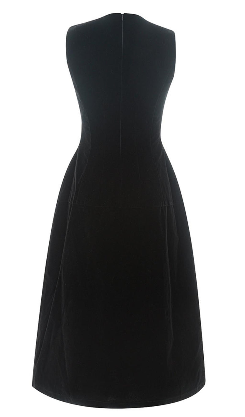 V NECK SLEEVELESS MIDI DRESS IN BLACK