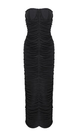 RUCHED STRAPLESS MIDI DRESS IN BLACK