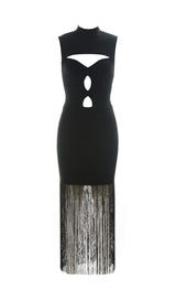 SLEEVELESS HOLLOWED OUT FRINGE DRESS IN BLACK