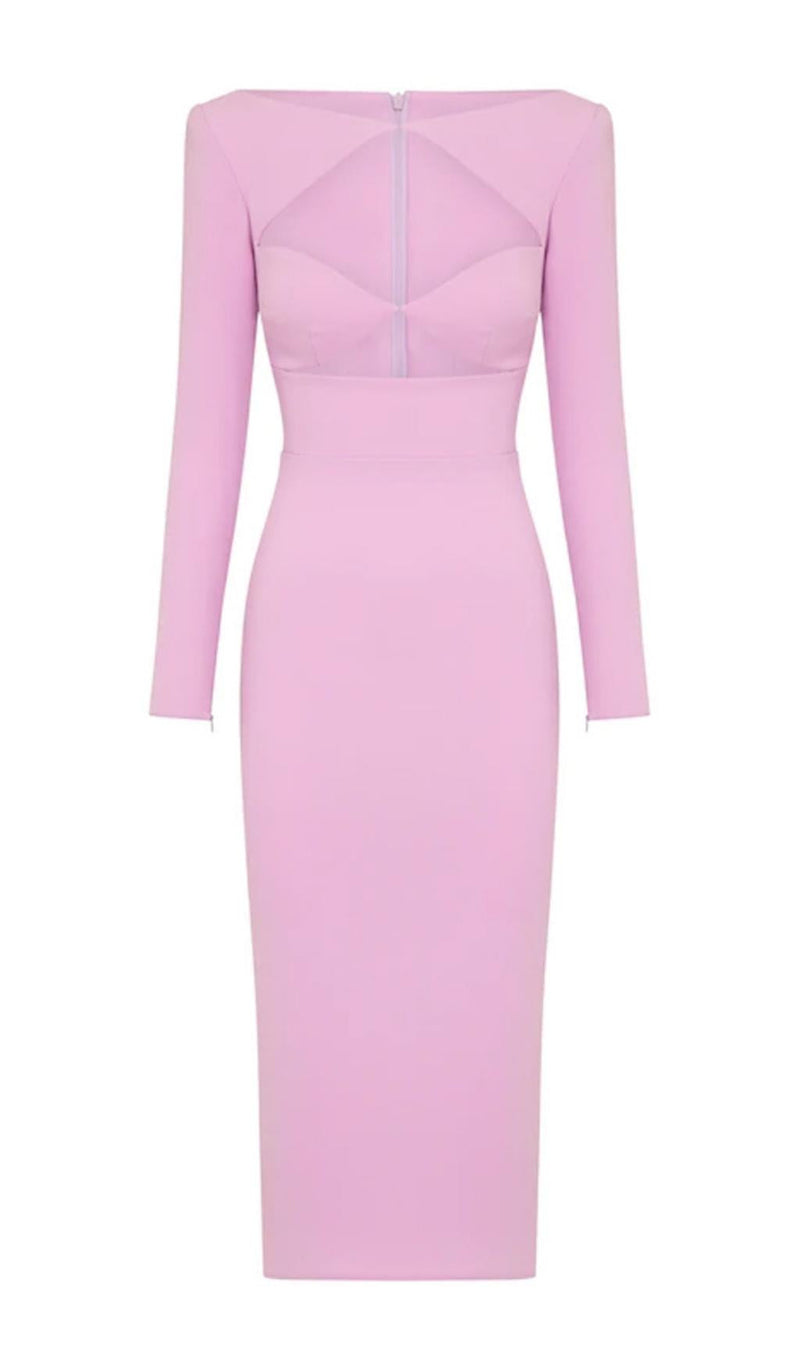 CUT OUT LONG SLEEVE MIDI DRESS IN PINK