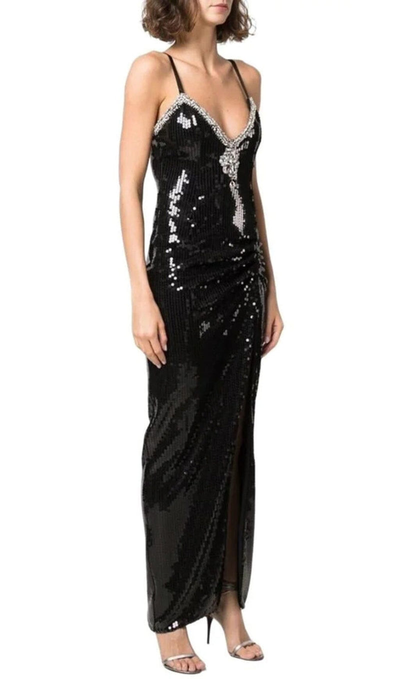 SEQUIN CRYSTAL V NECK MAXI DRESS IN BLACK