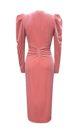 PINK LEG SLEEVE V-NECK VELVET DRESS