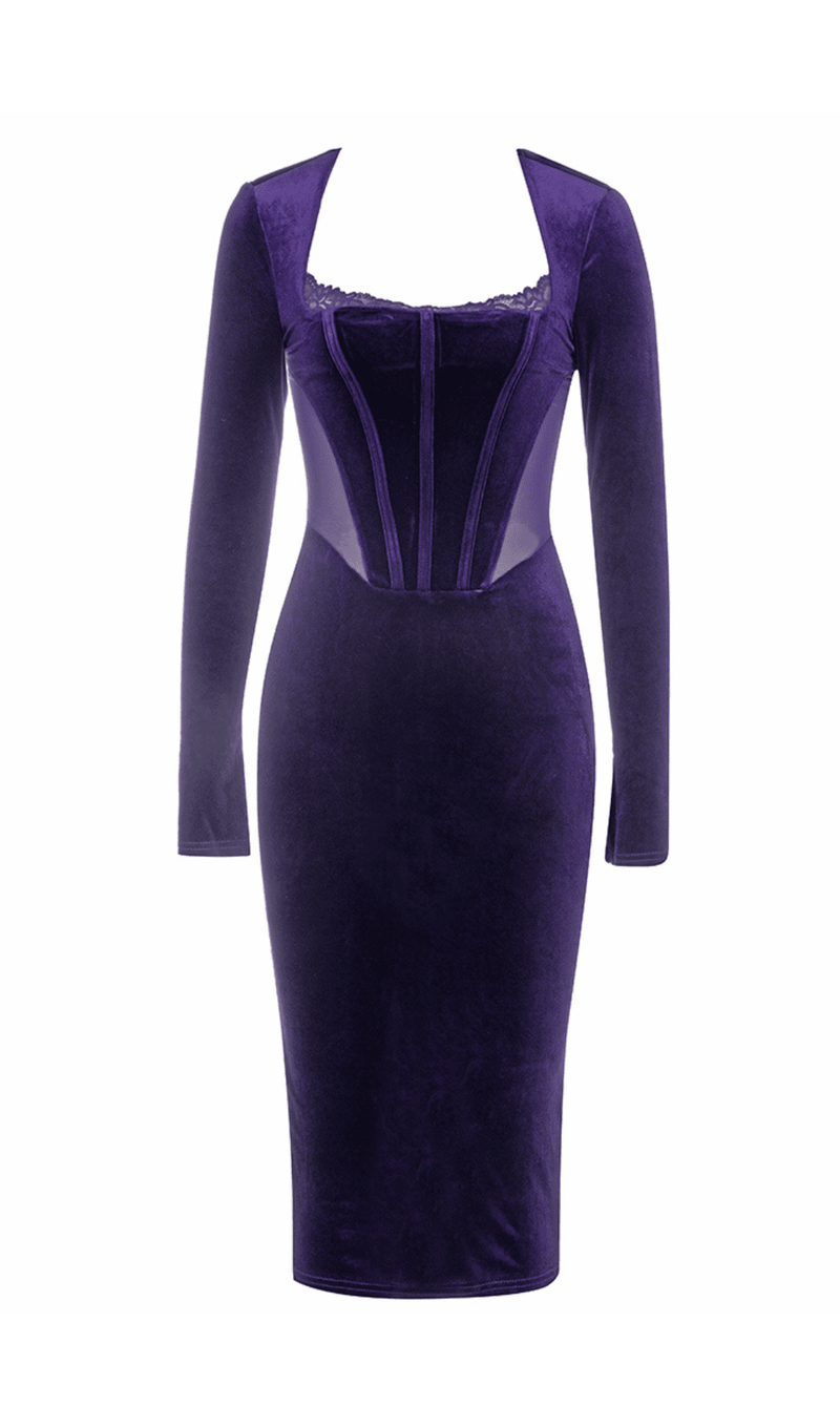 SQUARE NECK PURPLE HERRINGBONE VELVET TIGHT MIDI DRESS