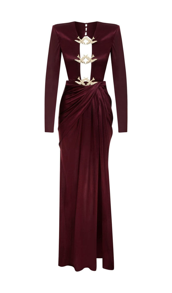 SATIN HOLLOW OUT LONG SLEEVE MAXI DRESS IN RED