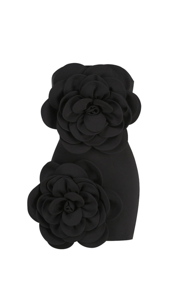 TRÄGERLOSES MINIKLEID MIT BLUMEN IN SCHWARZ