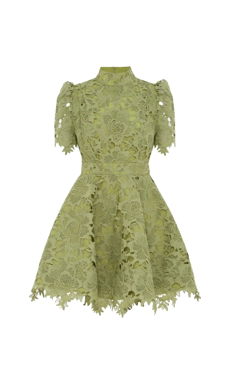 LACE SHORT SLEEVE MINI DRESS IN OLIVE