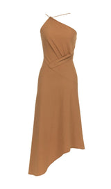 BROWN ONE SHOULDER SLEEVELESS CASUAL DRESS