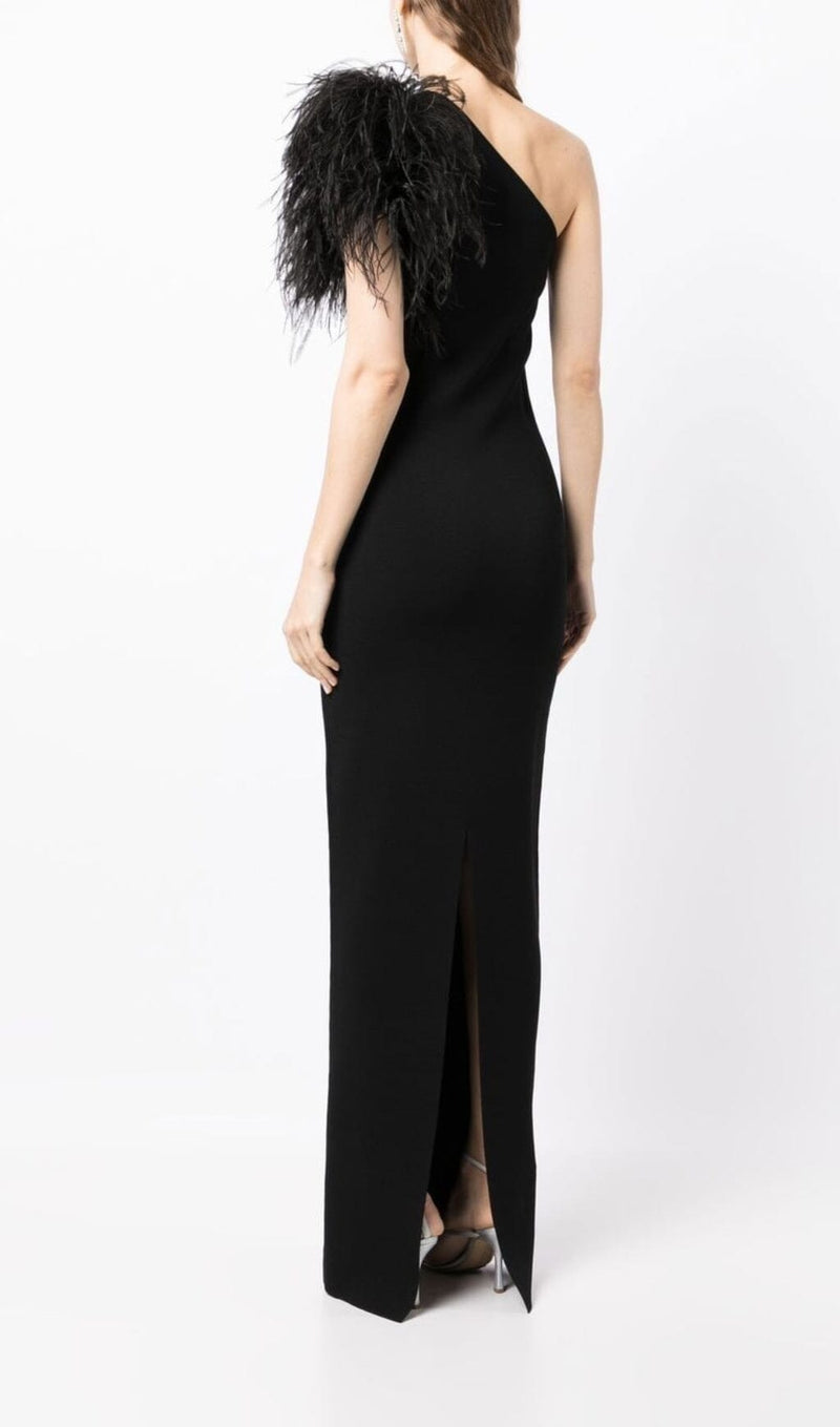 BLACK ONE-SHOULDER FEATHER MAXI DRESS