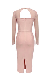 PINK MESH LONG-SLEEVED SLOPE NECK HOLLOW DRESS