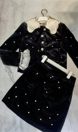 STARRY VELVET RHINESTONE LACE TRUMPET SLEEVE SHORT COAT & SKIRT SUIT