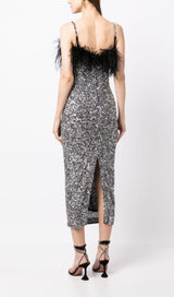 SEQUINED FEATHER SLIM SUSPENDER DRESS