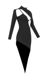 LONG SLEEVES SEXY HOLLOW OUT IRREGULAR BLACK BANDAGE BODYCON DRESS