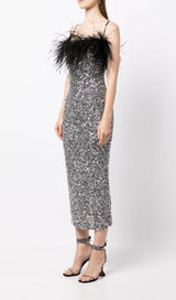 SEQUINED FEATHER SLIM SUSPENDER DRESS