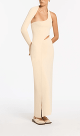 OFF-WHITE ONE-SLEEVE ELASTIC BANDAGE MIDRIFF-BARING MAXI DRESS