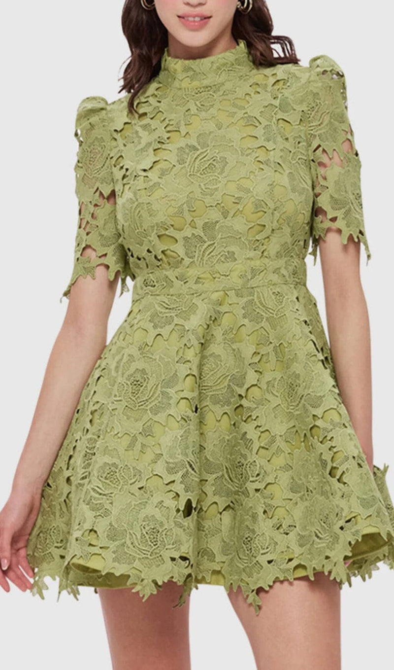 LACE SHORT SLEEVE MINI DRESS IN OLIVE