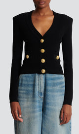 BLACK V NECK METAL BUTTON CROPPED KNIT CARDIGAN