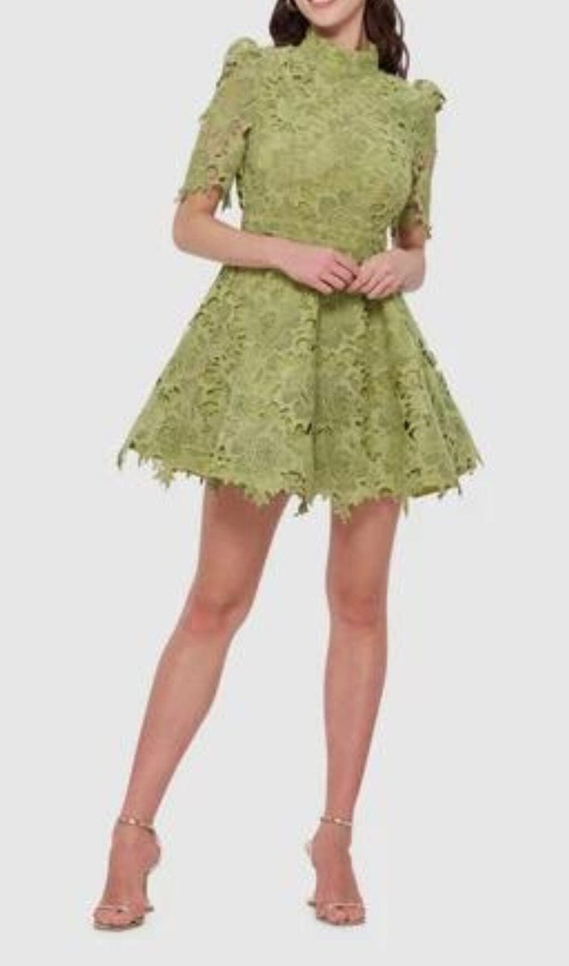 LACE SHORT SLEEVE MINI DRESS IN OLIVE