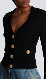 BLACK V NECK METAL BUTTON CROPPED KNIT CARDIGAN