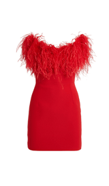 RED FEATHER TRIM MINI DRESS