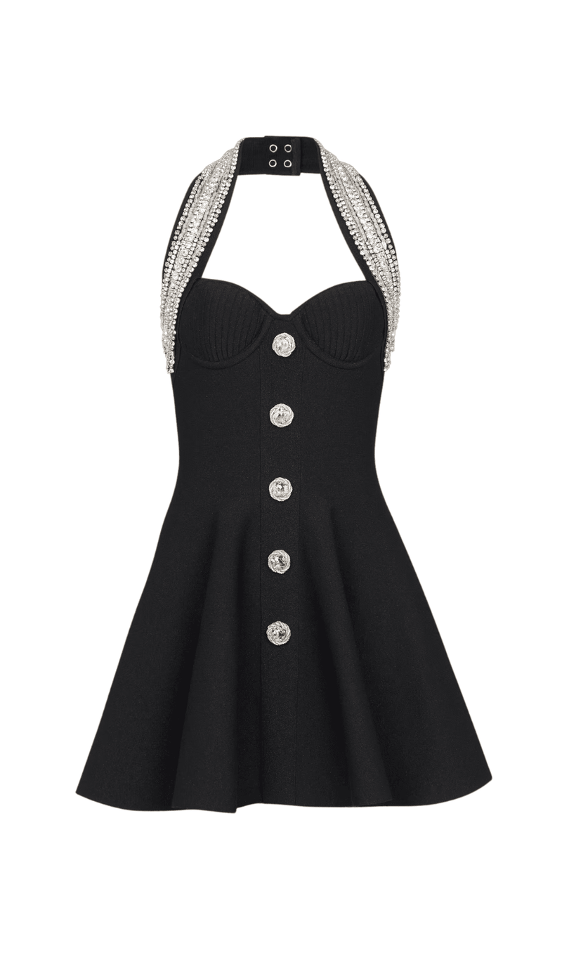 EMBELLISHED METALLIC TWEED HALTERNECK MINI DRESS