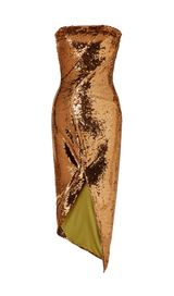 GOLD ASYMMETRIC STRAPLESS SEQUIN MIDI DRESS