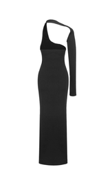 BLACK ONE-SLEEVE ELASTIC BANDAGE MIDRIFF-BARING MAXI DRESS