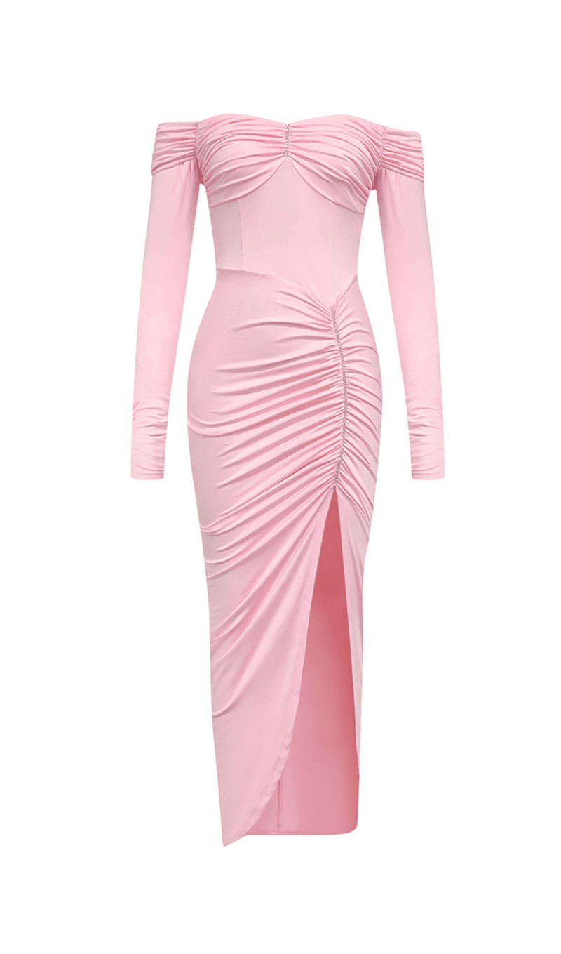 OFF-SHOULDER RUCHED LONG SLEEVE SPLIT MAXI DRESS