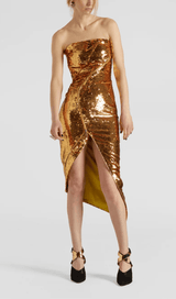 GOLD ASYMMETRIC STRAPLESS SEQUIN MIDI DRESS