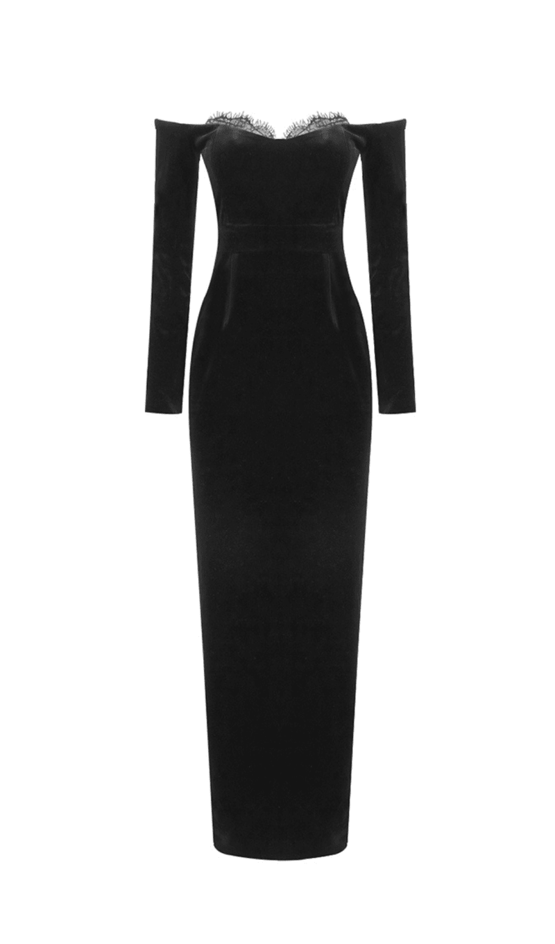 BLACK LONG SLEEVE LACE VELVET MAXI DRESS