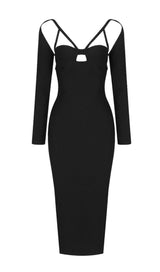 BANDAGE SEXY HALTER HOLLOW SKINNY SLIM MIDI DRESS IN BLACK