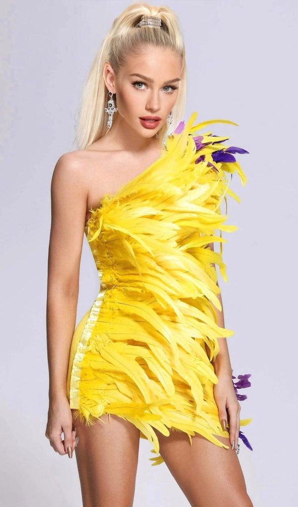 ASYMMETRIC FEATHER MINI DRESS IN YELLOW