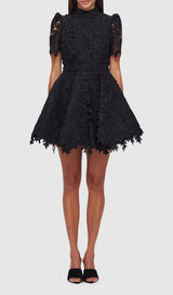 BLACK LACE SHORT SLEEVE MINI DRESS