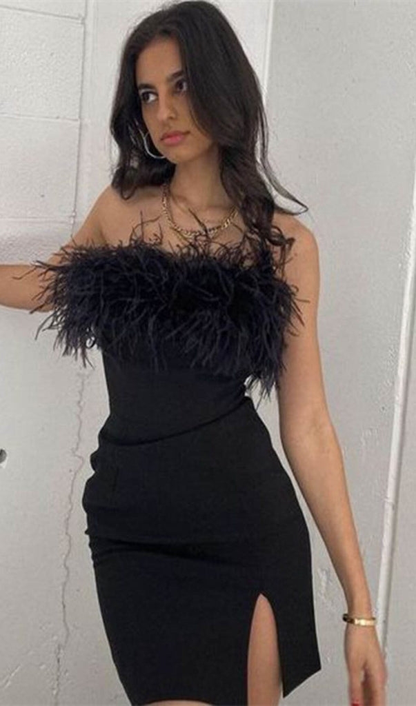 STRAPLESS FEATHER MINI DRESS IN BLACK